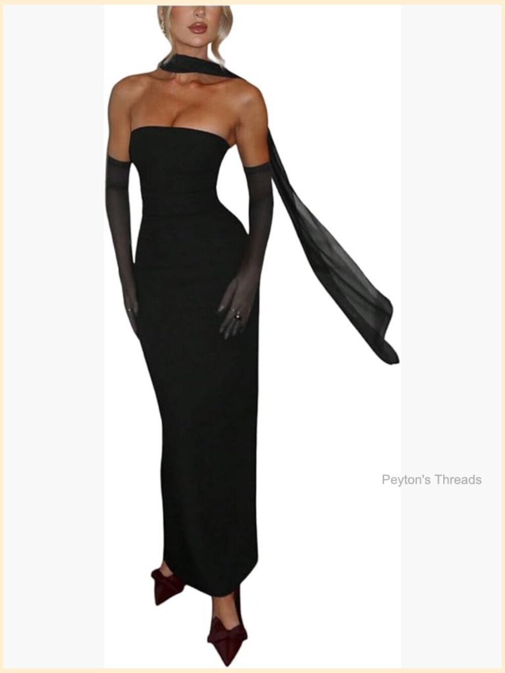 Strapless Maxi Bodycon Dress with Sheer Scarf & Gloves